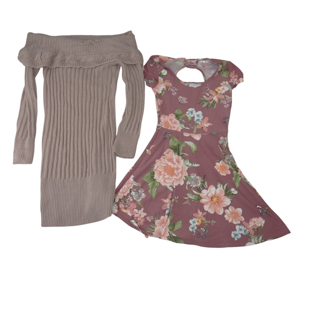 Floral Dress & Mauve Off Shoulder‎ Cable Knit Sweater Dress Bundle Set XS